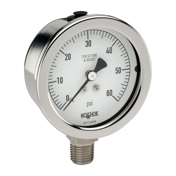Pressure Gauge, -30 inHg to 0 psi psi, 2-1/2 in Dial, 1/4 in NPT, Bottom Location